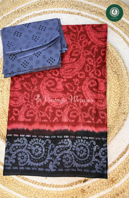 Daily Wear Cotton Saree Mango -Red
