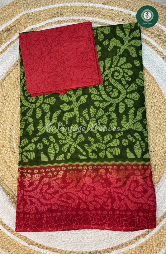 Daily Wear Cotton SareeMangoPrint-GreenWithPink