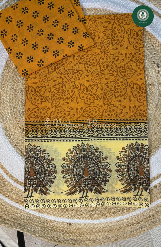 DailyWear Cotton Saree PeacockBorder-Yellow
