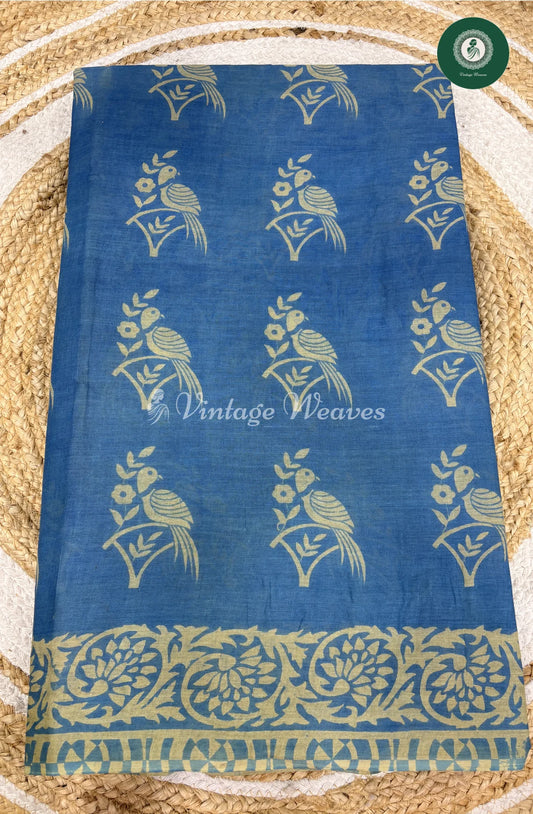Daily Wear Cotton Saree Printed Bird-Blue
