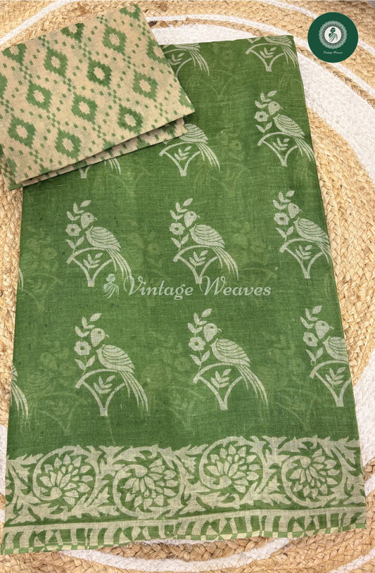 Daily Wear Cotton Saree Printed Bird-Green