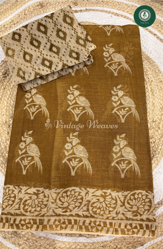 Daily Wear Cotton Saree Printed Bird-Yellow