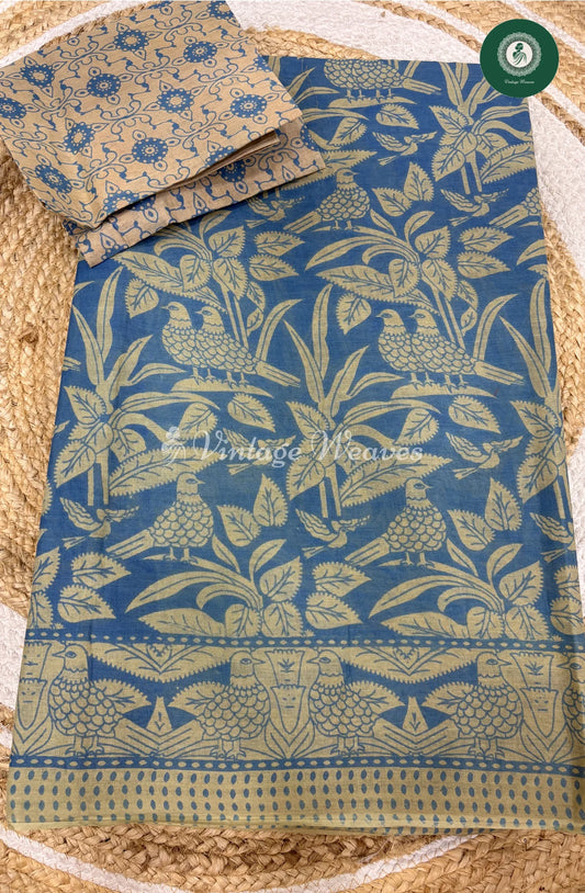 Daily Wear Cotton Saree Printed Leaf-Blue