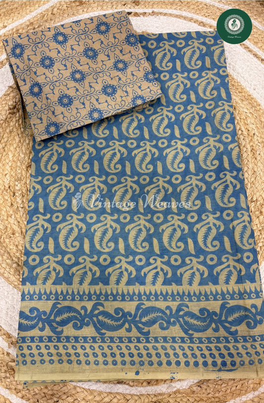 Daily Wear Cotton Saree Printed Mango-Blue