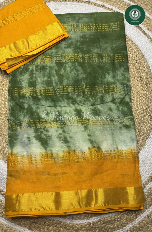 Daily Wear Cotton Saree Shibori-Green With Yellow