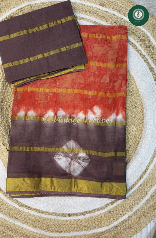Daily Wear Cotton Saree Shibori-OrangewithGrey