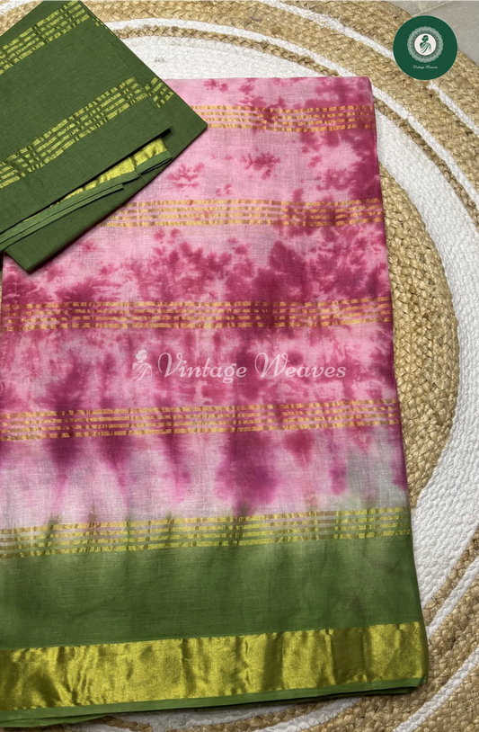 Daily Wear Cotton Saree Shibori-Pink With Green