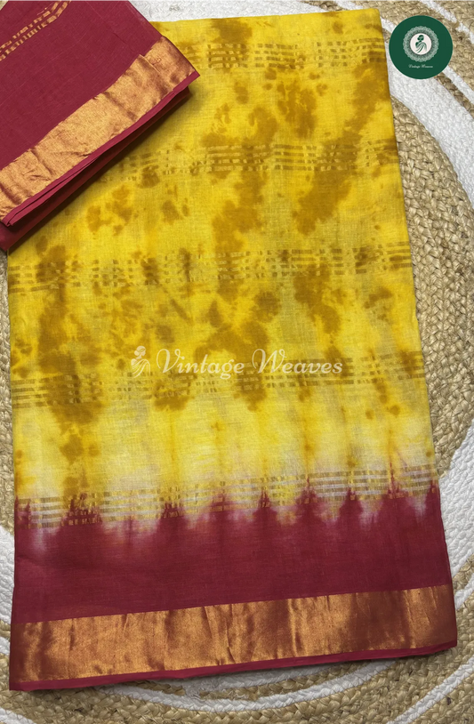 Daily Wear Cotton Saree Shibori-Yellow With Pink