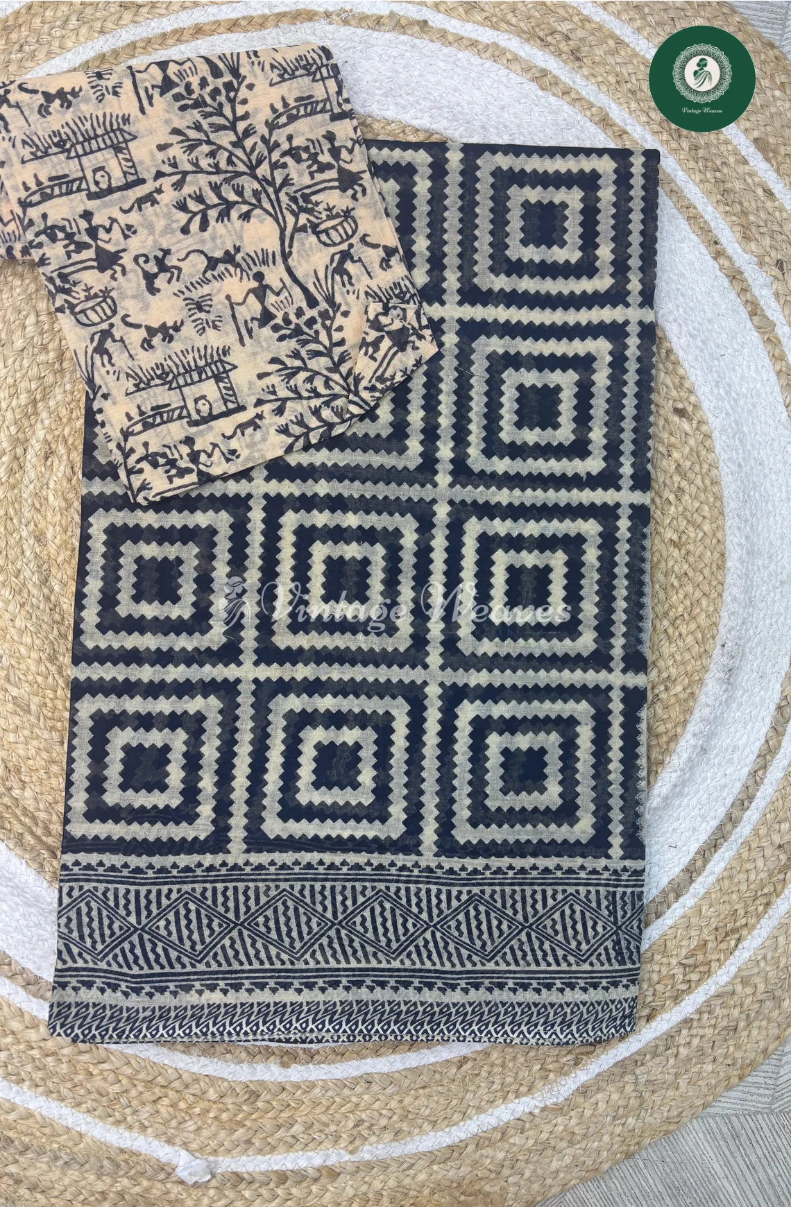 Daily Wear Cotton Saree SquarePrint-Blue