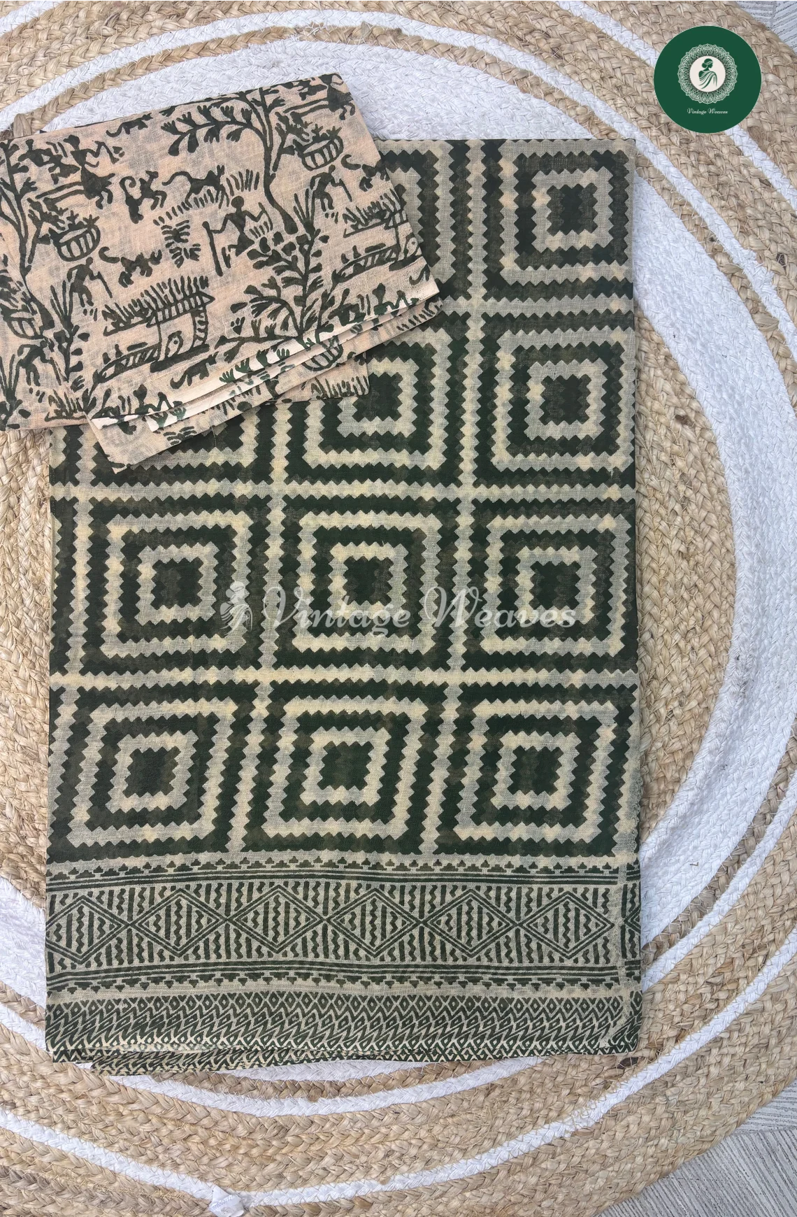 Daily Wear Cotton Saree SquarePrint-Green