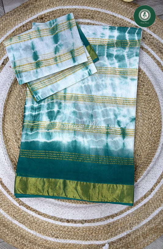 Daily Wear Cotton Saree Stripes-White With Blue