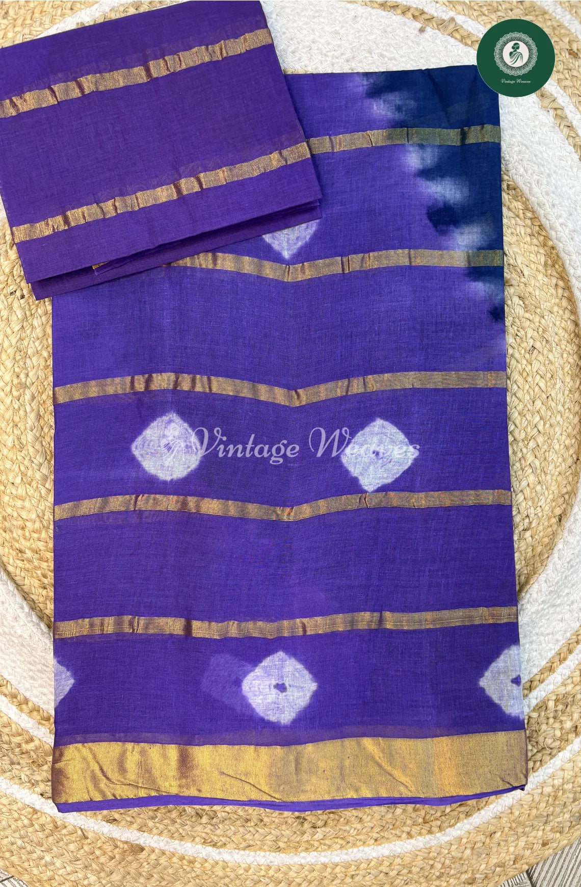 Daily Wear Cotton Saree Triangle Design-Blue With Purple