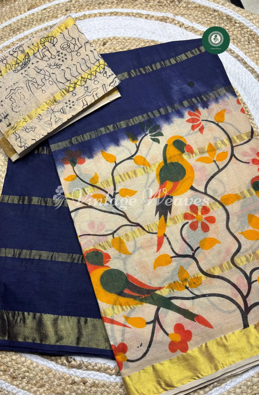 DailyWear Cotton Saree With Bird Motif-Blue