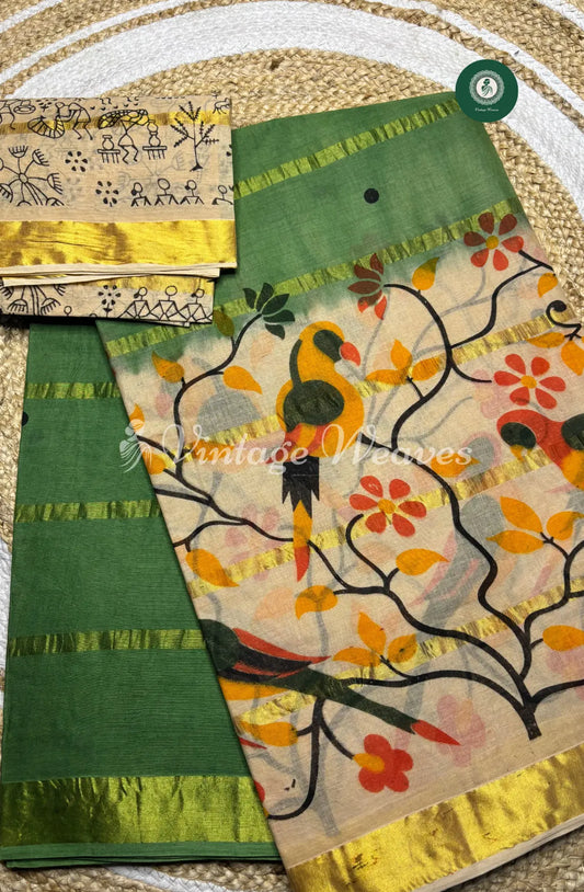 DailyWear Cotton Saree With Bird Motif-Green
