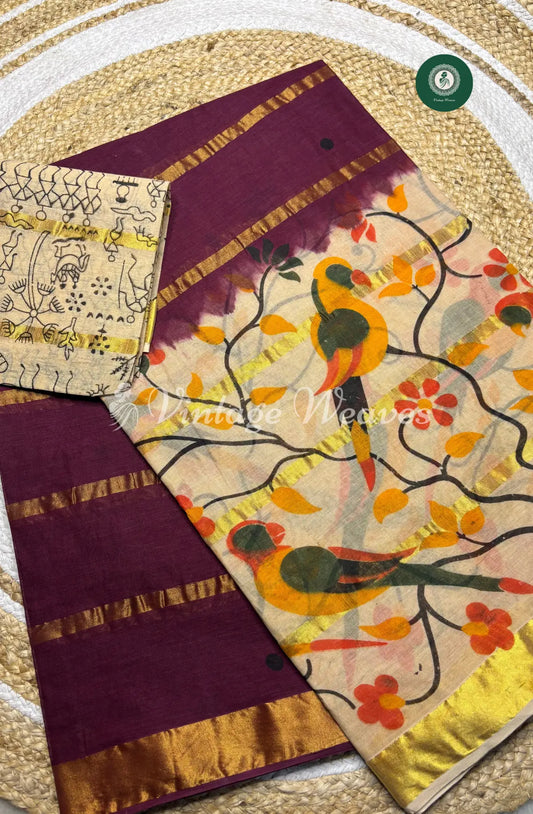DailyWear Cotton Saree With Bird Motif-Marron