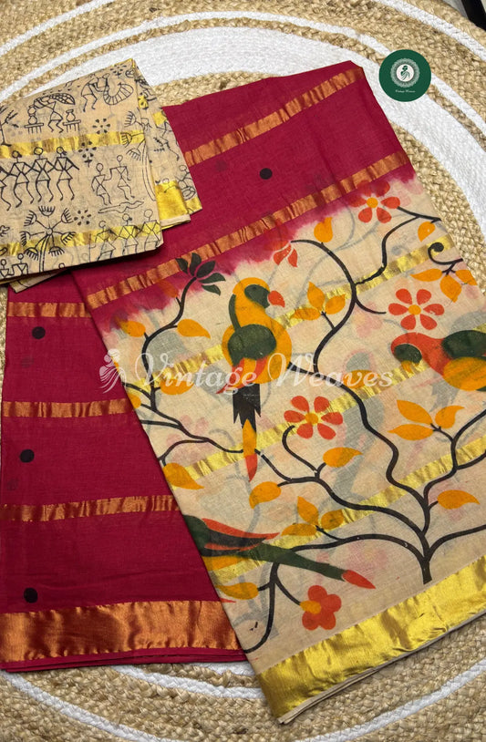 DailyWear Cotton Saree With Bird Motif-Pink