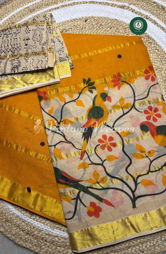 DailyWear Cotton Saree With Bird Motif-Yellow