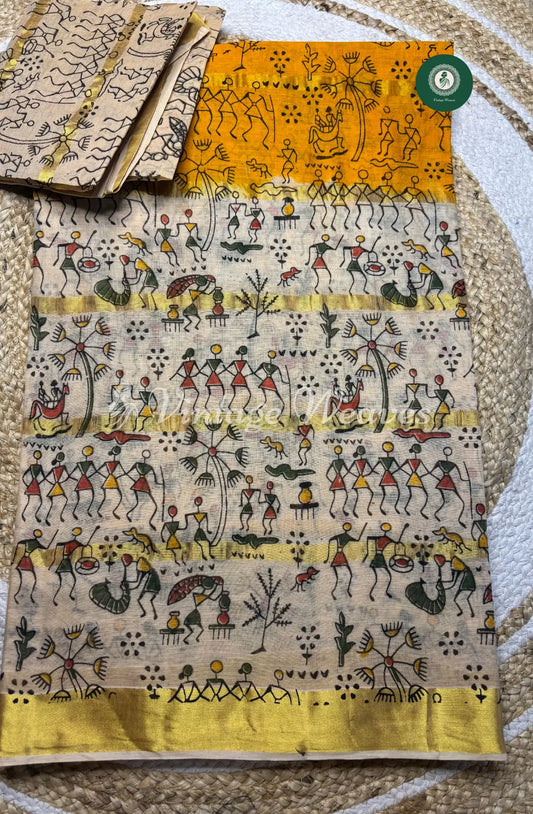 Daily Wear Cotton Saree with Kalamkari Border-Yellow