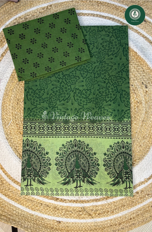 DailyWear Cotton Saree With PeacockBorder-Green