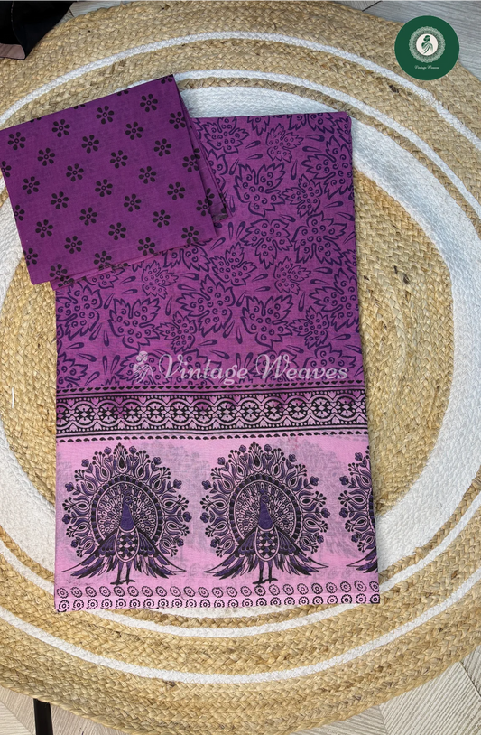 DailyWear Cotton Saree With PeacockBorder-Purple