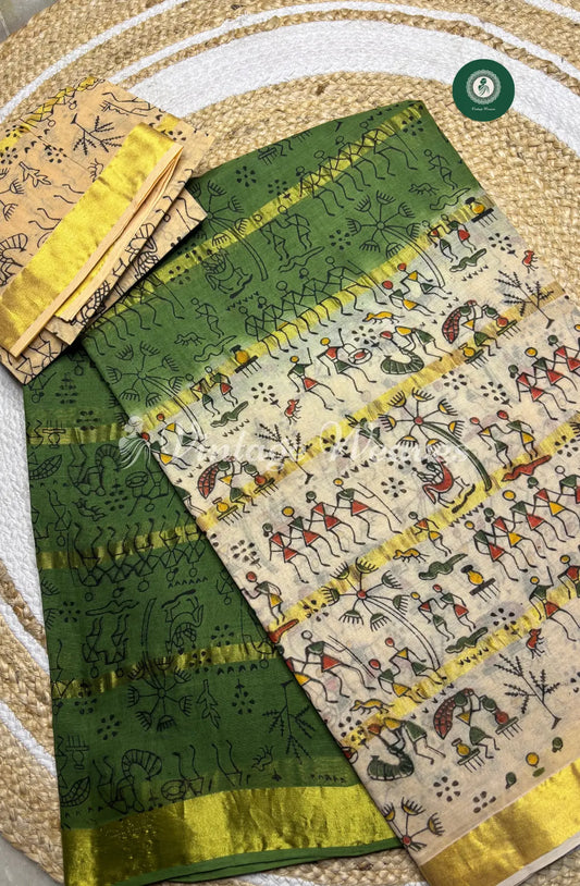 Daily Wear Cotton Saree with Kalamkari Border-LightGreen