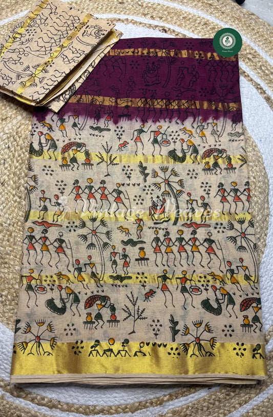 Daily Wear Cotton Saree with Kalamkari Border-Marron
