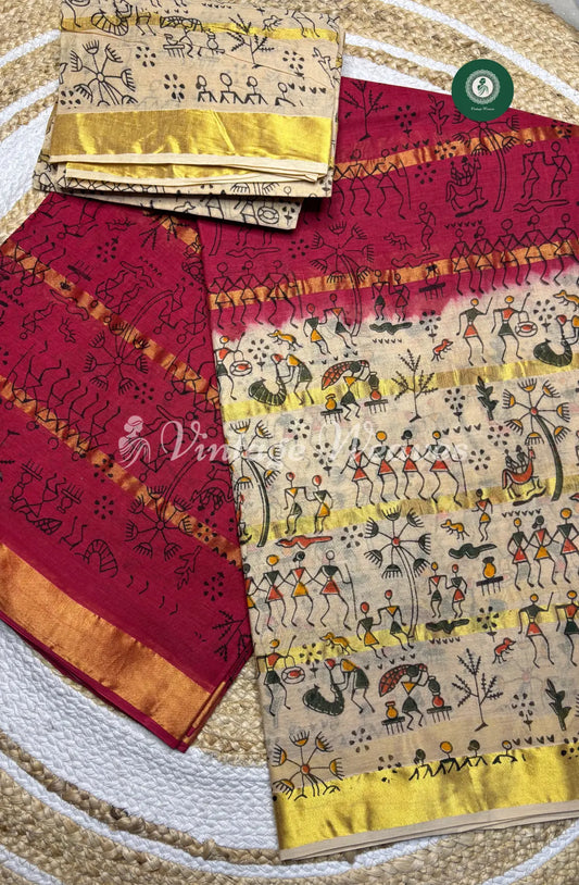 Daily Wear Cotton Saree with Kalamkari Border-Pink