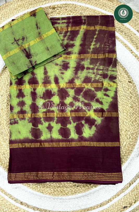 Daily Wear Cotton Shibori-Green With Marron