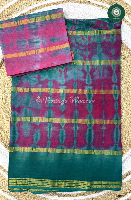 Daily Wear Cotton Shibori-Pink With RamaGreen