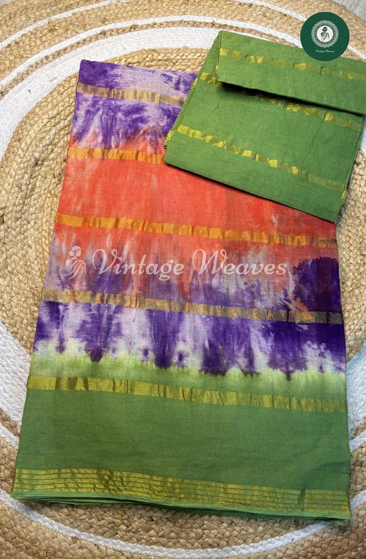 Daily Wear Cotton Tie and Dye-Violet with Green