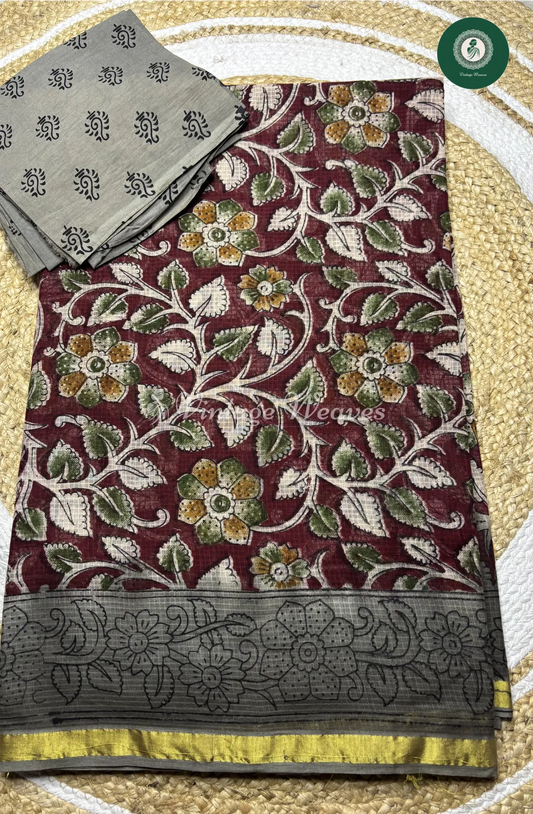 Daily Wear Kota Cotton Saree -Marron With Grey