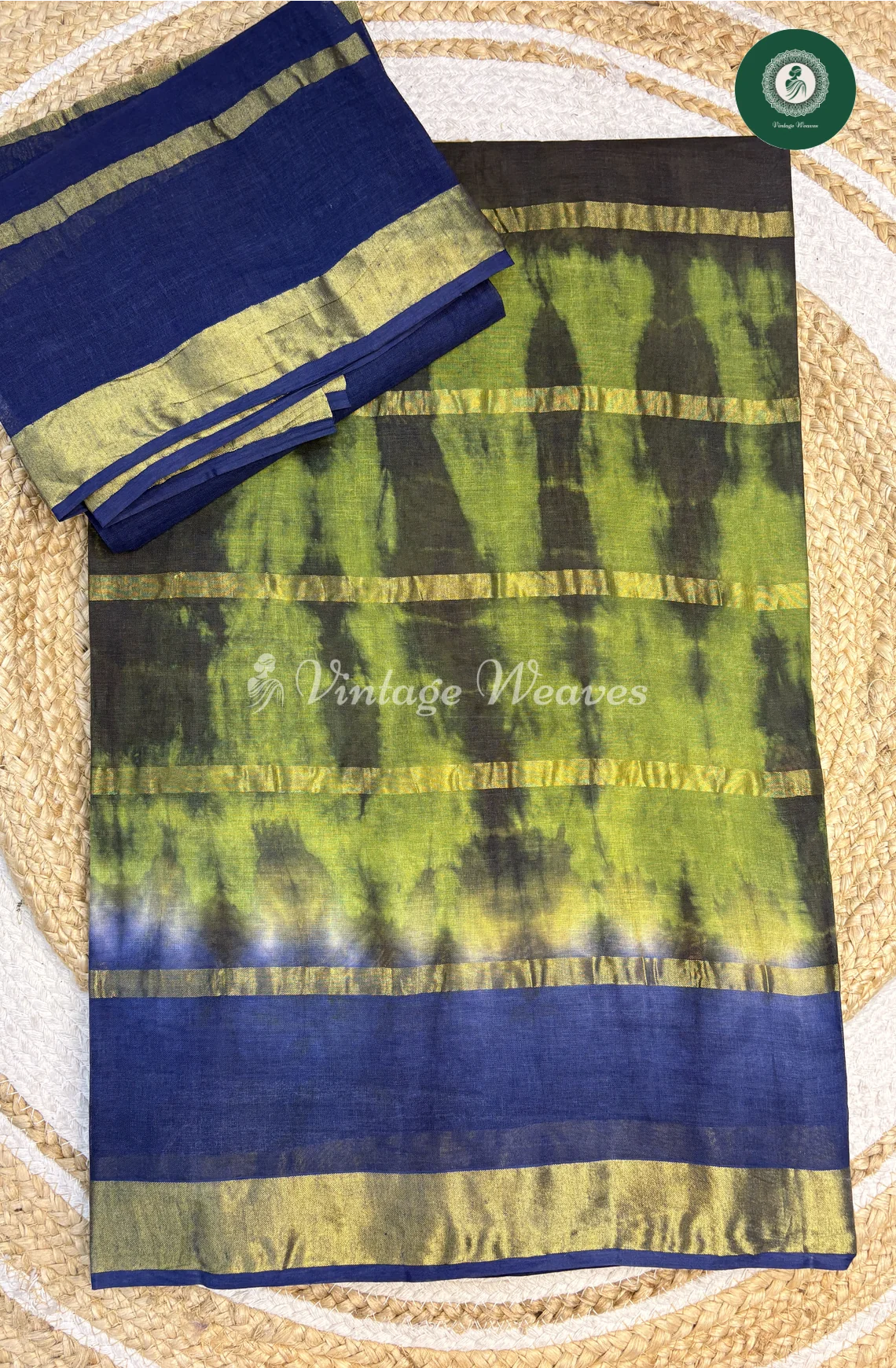Daily Wear cotton Saree Shibori-GreenwithBlue
