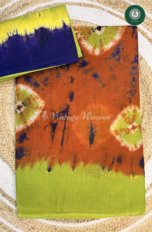 Kota cotton Saree Shibori-MarronwithGreen