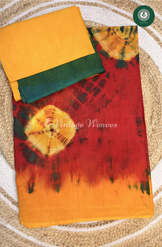 Kota cotton Saree Shibori-RedwithOrange