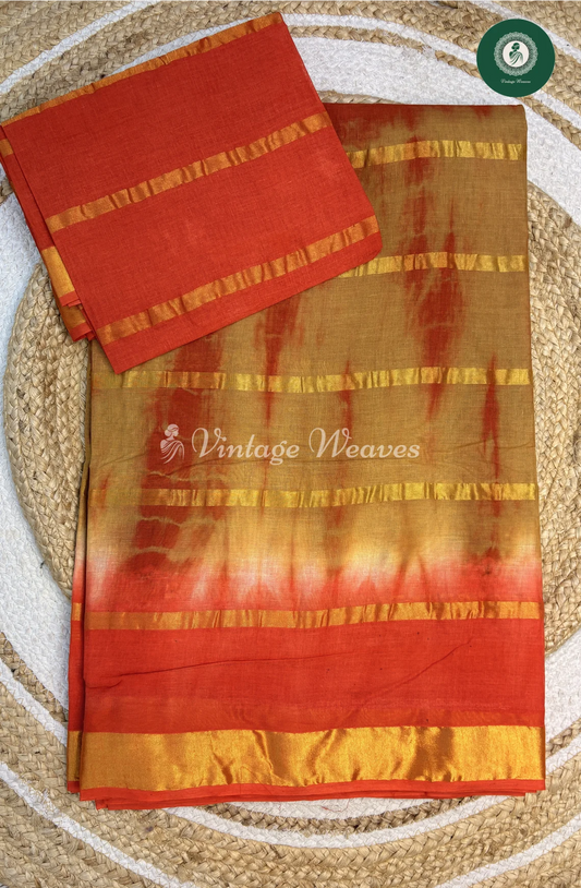 Daily Wear cotton Saree Shibori-Yellowwithorange