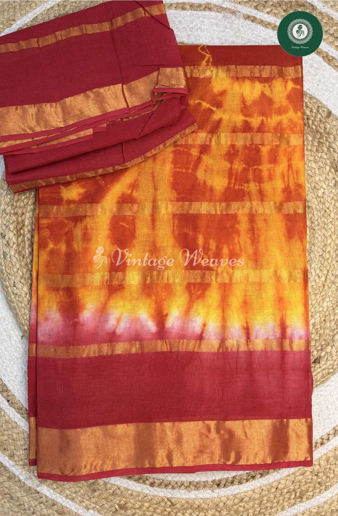 Daily Wear cotton Saree Shibori-Yellowwithred