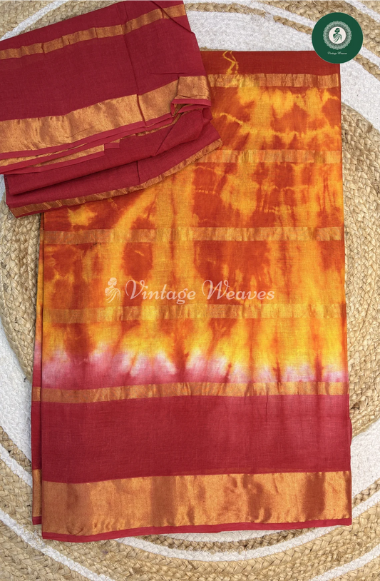 Daily Wear cotton Saree Shibori-Yellowwithred