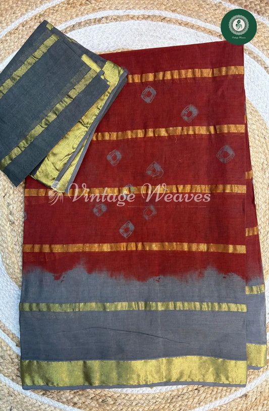 Dailywear Cotton Allover Bandhini Saree-Maroon with Green