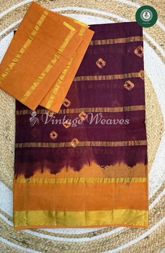 Dailywear Cotton All over Bandhini Saree-Maroon with Yellow