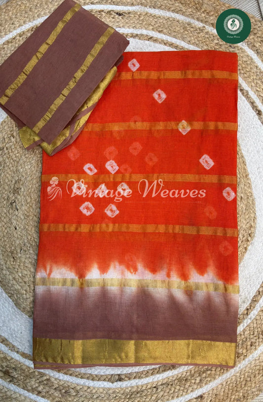Dailywear Cotton Allover Bandhini Saree-Orange with Skin