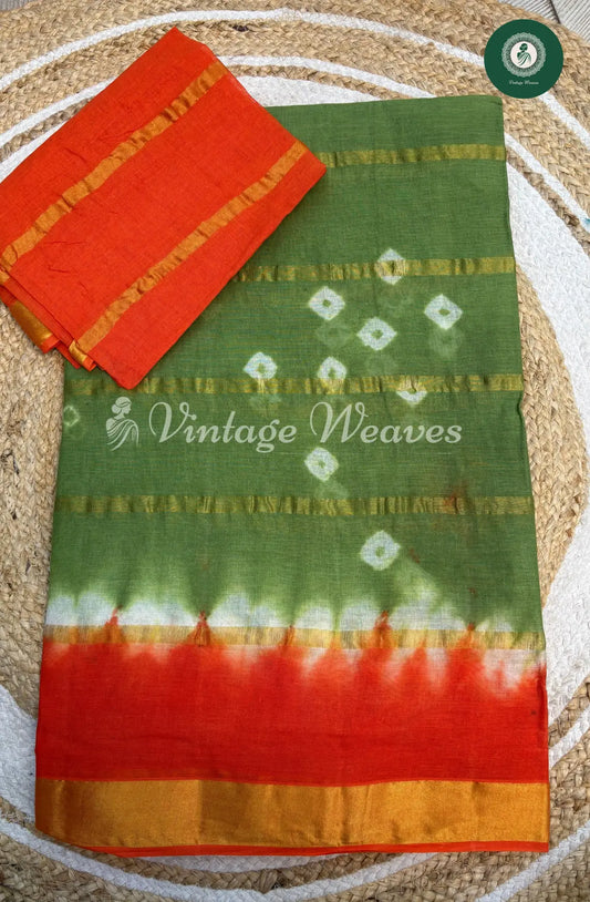 DailywearCotton Allover BandhiniprintSaree-Green with Orange