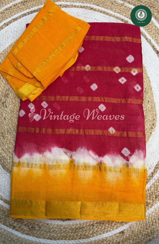 DailywearCotton Allover Bandhini print Saree-Red with Yellow