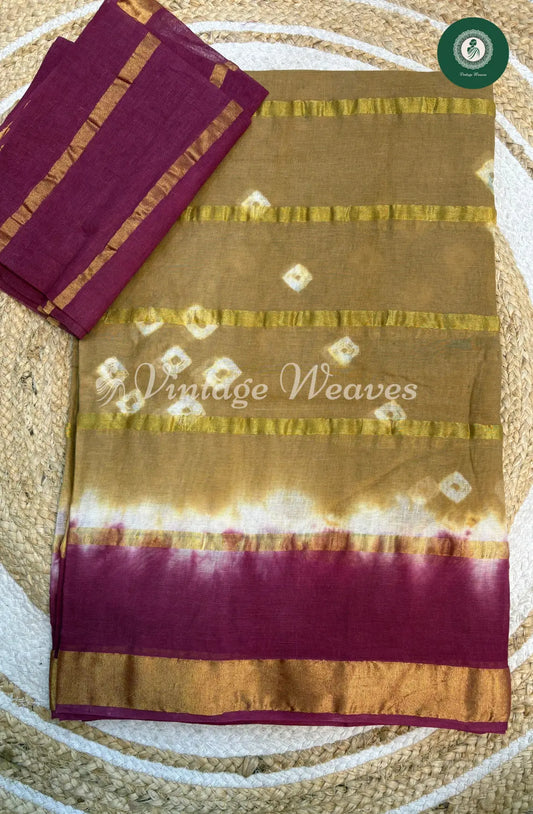 Dailywear Cotton Allover Bandhini print Saree-Skin with Wine