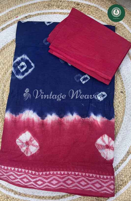 Dailywear Cotton Saree-Blue with Red