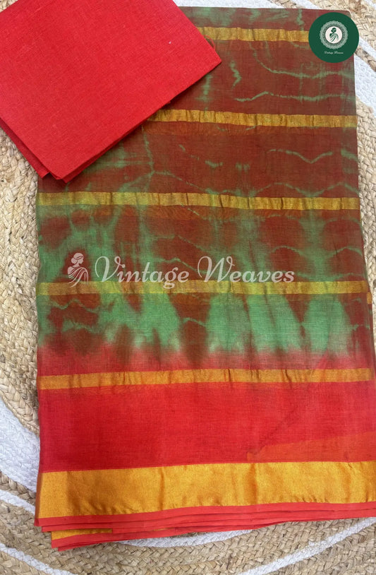 Dailywear Cotton Saree-Green with Orange