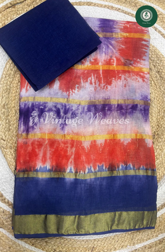 Dailywear Cotton Saree-Orange with Blue