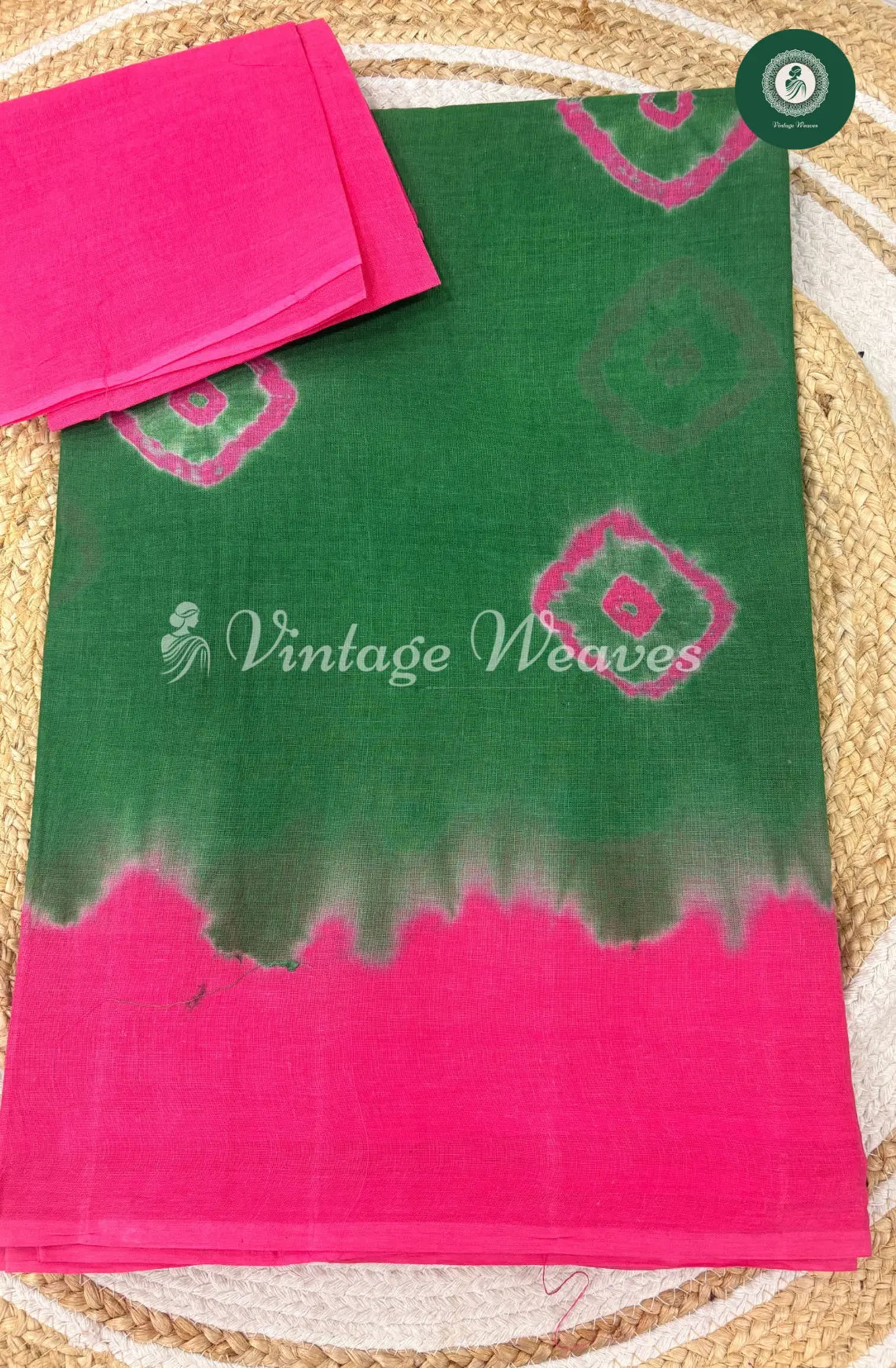 Dailywear Cotton Saree Bandhini -Green with Pink