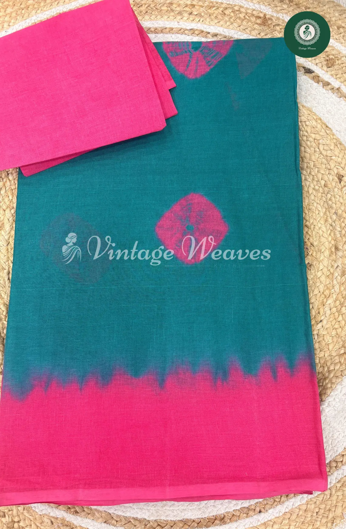 Dailywear Cotton Saree Bandhini -RamaGreen with Pink