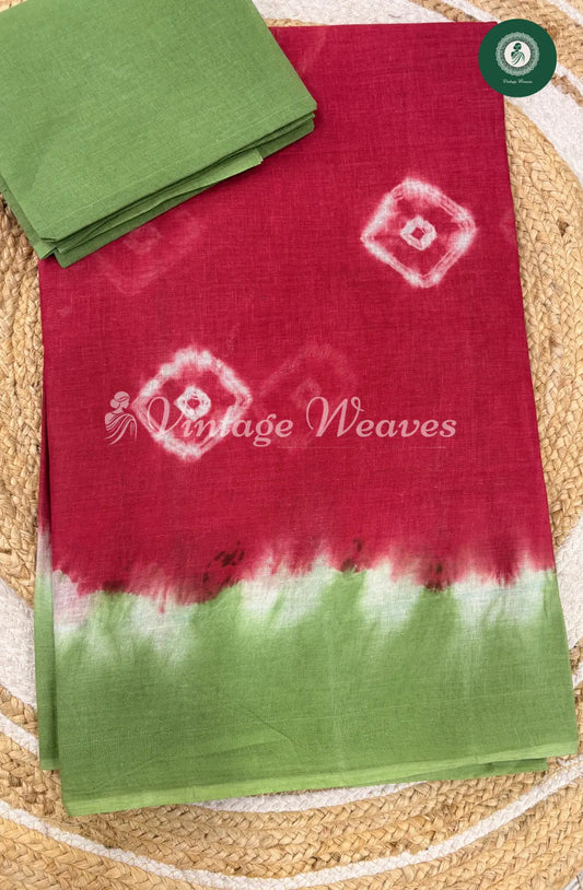 Dailywear Cotton Saree Bandhini -Red with Green