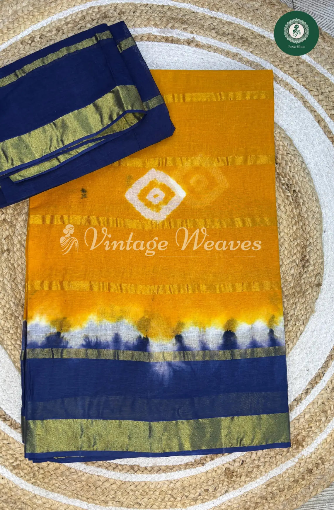 Dailywear Cotton Saree Bandhini Print-Yellow with Blue